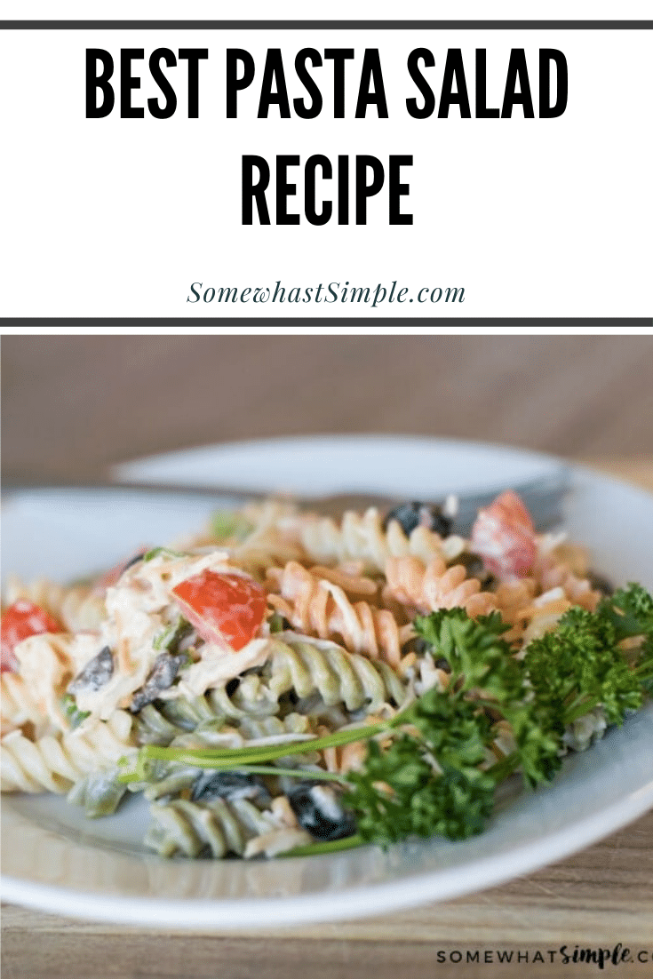 This delicious pasta salad recipe made with Italian dressing has quickly become a family favorite! It is one of the easiest recipes to make and the flavor is amazing!  Simply cook the pasta and toss in a few basic ingredients and you're ready to go. #pastasaladrecipe #bbqrecipe #sidedish #bestpastasalad #pastasaladitaliandressing via @somewhatsimple