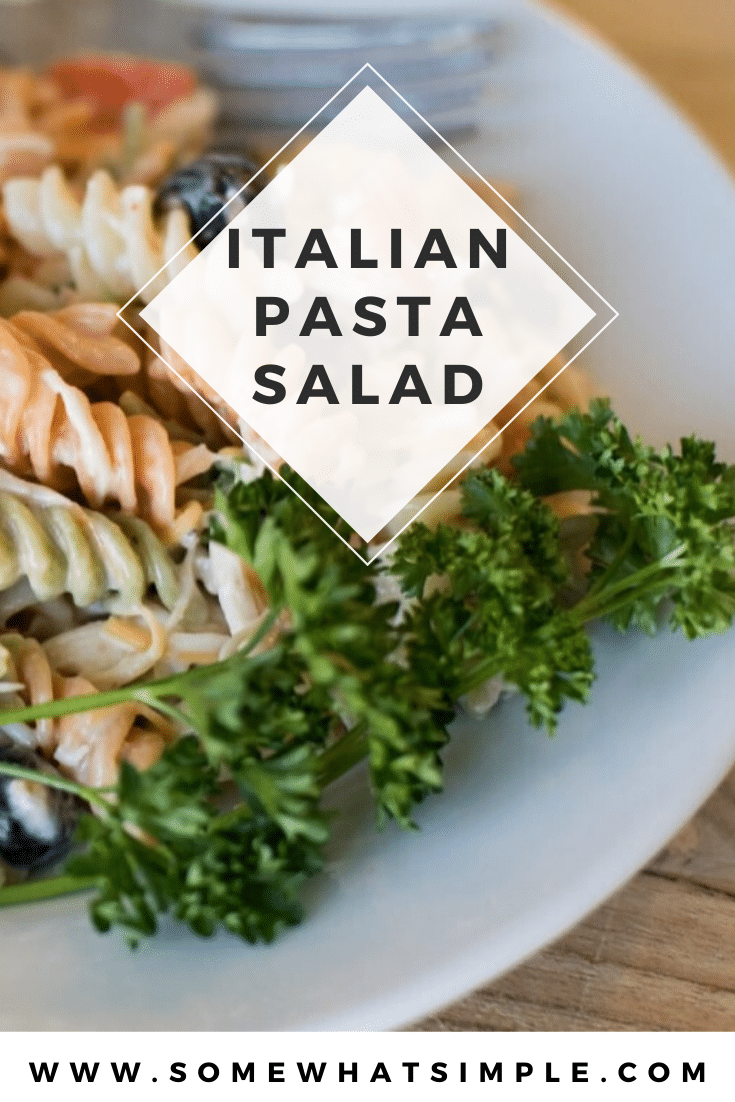 This delicious pasta salad recipe made with Italian dressing has quickly become a family favorite! It is one of the easiest recipes to make and the flavor is amazing!  Simply cook the pasta and toss in a few basic ingredients and you're ready to go. #pastasaladrecipe #bbqrecipe #sidedish #bestpastasalad #pastasaladitaliandressing via @somewhatsimple