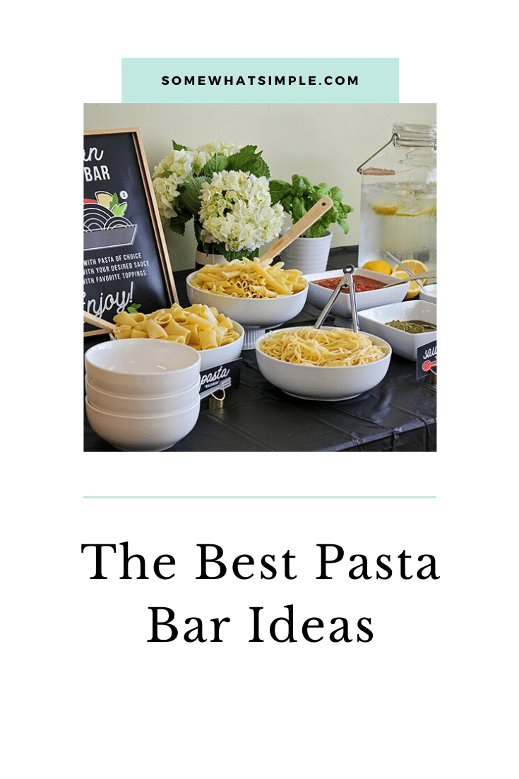 Host a fun and delicious dinner party at home with this easy Italian pasta bar! Mix and match pasta, sauce, and toppings to build the perfect bowl of pasta! This idea can easily feed a large crowd so it's perfect for dinner parties, weddings, family get togethers or any other time you need to feed a large group. #pastabaridea #pastabardinnerparty #pastabarbuffet #pastabarweddingidea #pastabarforacrowd via @somewhatsimple