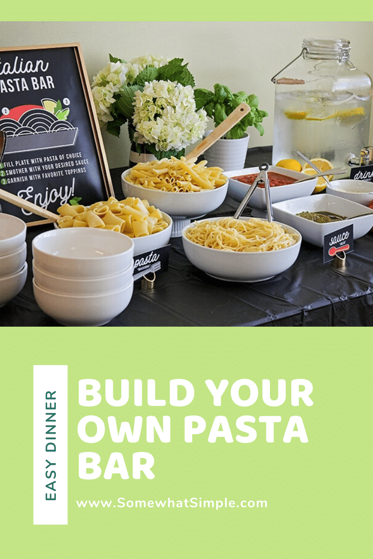 Host a fun and delicious dinner party at home with this easy Italian pasta bar! Mix and match pasta, sauce, and toppings to build the perfect bowl of pasta! This idea can easily feed a large crowd so it's perfect for dinner parties, weddings, family get togethers or any other time you need to feed a large group. #pastabaridea #pastabardinnerparty #pastabarbuffet #pastabarweddingidea #pastabarforacrowd via @somewhatsimple