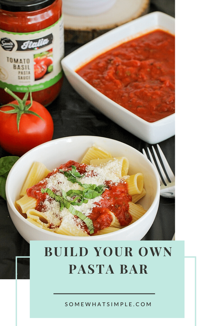 Host a fun and delicious dinner party at home with this easy Italian pasta bar! Mix and match pasta, sauce, and toppings to build the perfect bowl of pasta! This idea can easily feed a large crowd so it's perfect for dinner parties, weddings, family get togethers or any other time you need to feed a large group. via @somewhatsimple