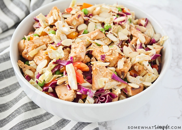 This healthy and delicious asian chicken salad is loaded with fresh veggies and tender chicken. It's an easy meal that's perfect for summertime!