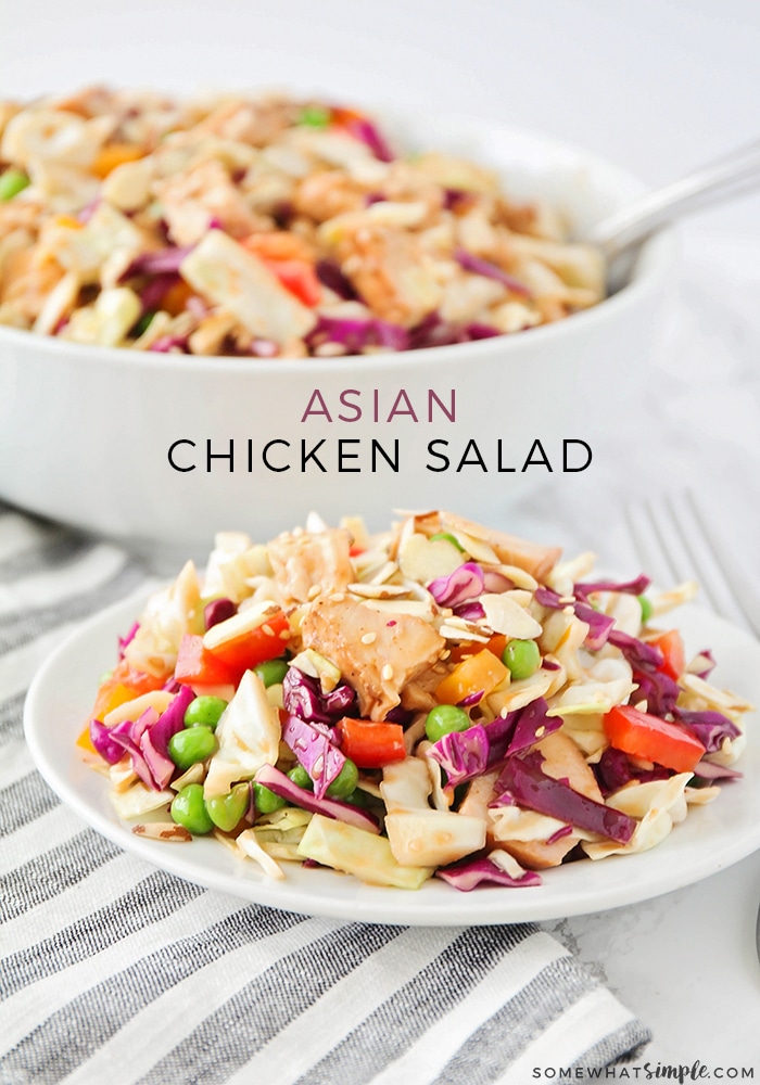 This healthy and delicious Asian salad recipe is loaded with fresh veggies and tender chicken. Add it as a light side dish or make it as an easy meal that's perfect for summertime! #asiansalad #asianchickensalad #salad via @somewhatsimple