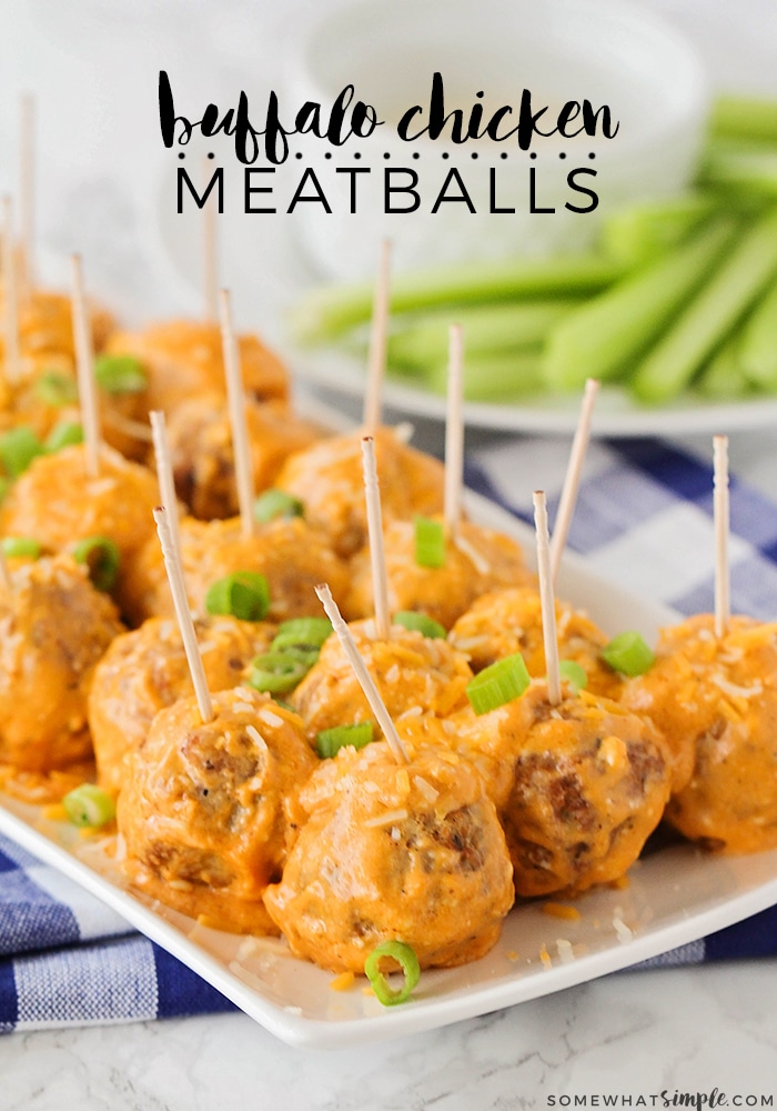 These delicious buffalo chicken meatballs are a simple and easy appetizer recipe that your guests will love.  Simply throw a few ingredients into your slow cooker and you’ll be all set! #slowcookerbuffalochickenmeatballs #buffalochickenmeatballrecipe #appetizer #buffalochickenmeatballs via @somewhatsimple