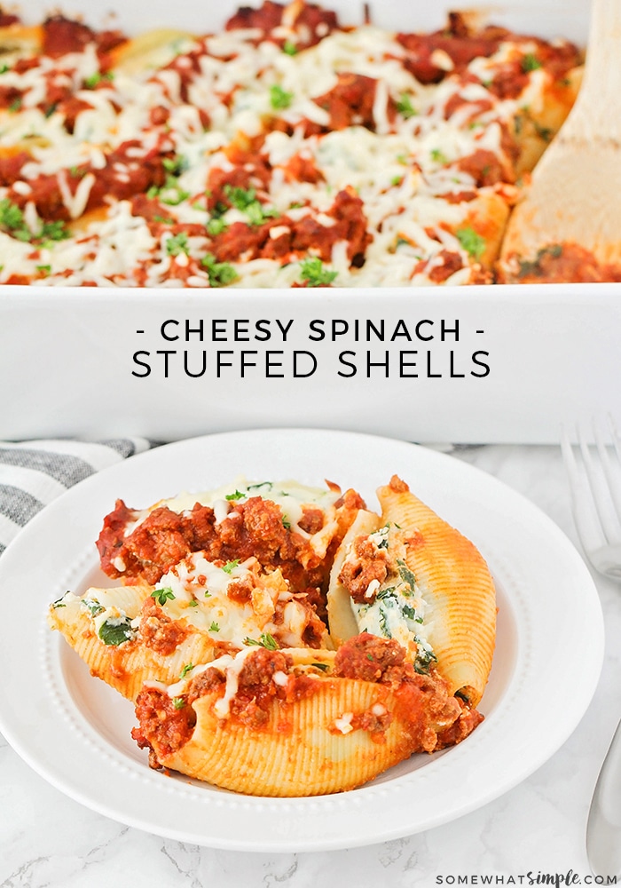 These cheesy spinach stuffed shells taste totally amazing, and are so easy to make. A restaurant-quality meal that you can make at home! #dinner #recipes #food #asydinner #stuffedshells #pasta  via @somewhatsimple