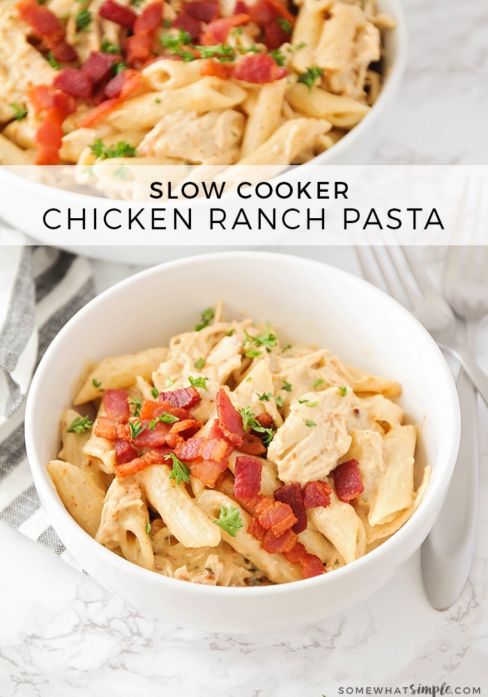 An easy weeknight dinner that is sure to please! This Chicken Pasta is made in your slow cooker and uses just a few delicious ingredients!  #chicken #dinner #chickenpasta #easydinner #slowcooker #crockpot via @somewhatsimple