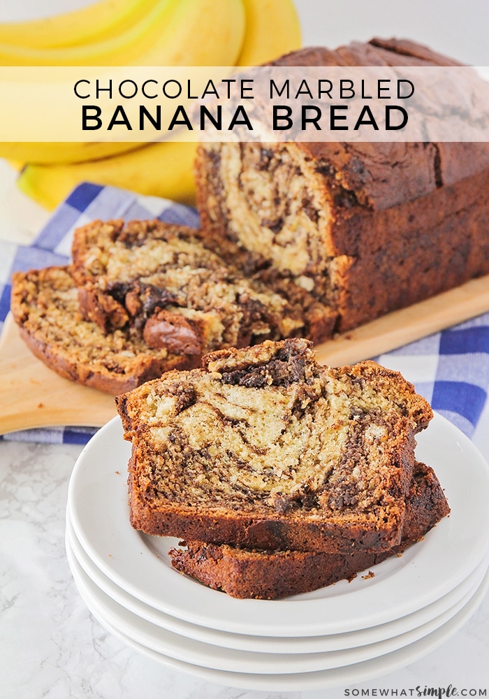 Take banana bread to the next level with this easy chocolate banana bread recipe.  Swirl in some melted chocolate that will deepen the flavor and add a beautiful marbled color to the loaf! #chocolatebananabread #easychocolatebananabread #marbledchocolatebananabread #chocolatebananabreadrecipe via @somewhatsimple