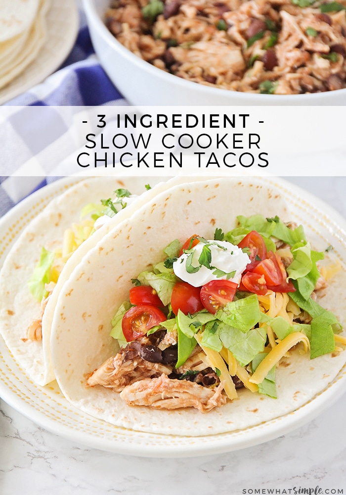 These crockpot chicken tacos are one of our very favorite meals!  With only 3 ingredients, this taco recipe is easy to make and takes no time to prepare.  Simply put the ingredients into your slow cooker, then sit back and relax! #crockpotchickentacos #crockpotchickentacoswithsalsa #3ingredientcrockpotchickentacos #healthychickentacos #crockpotchickentacorecipe via @somewhatsimple