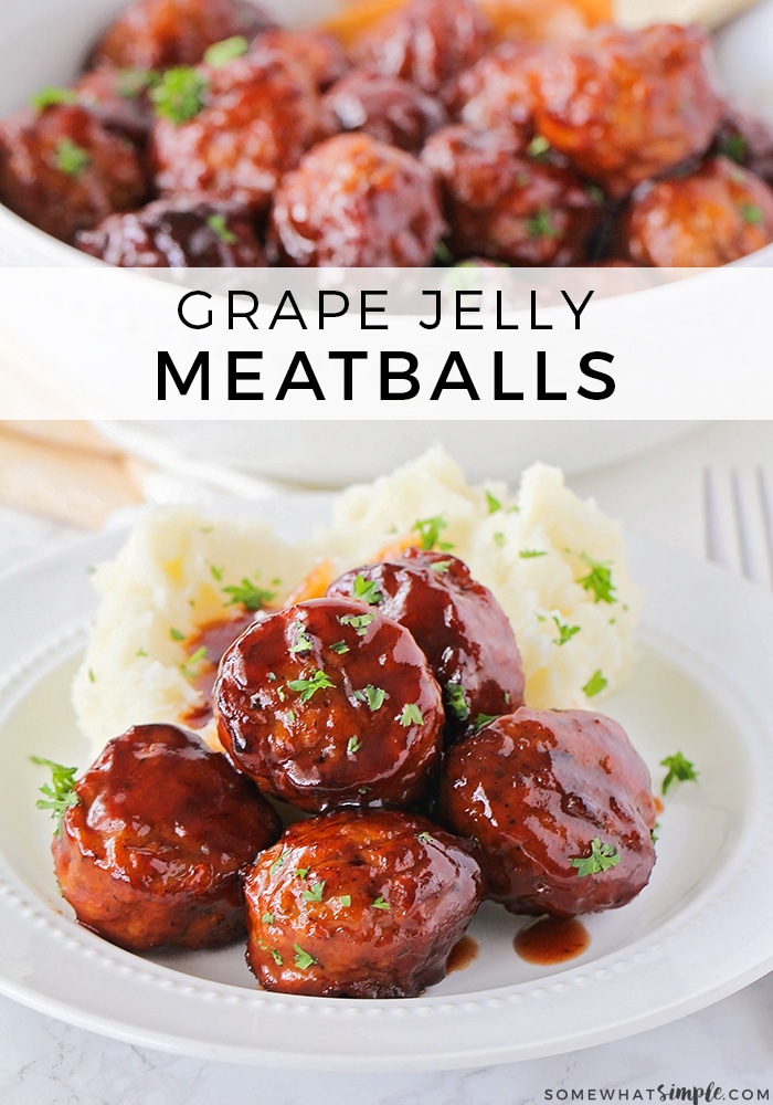 Ready for a simple dinner idea that your family will love? These grape jelly meatballs that you make in a crock pot are just for you! These meatballs are perfect for a simple meal or can be served as a delicious appetizer at your next party. Just throw everything in the slow cooker and get ready to be amazed! via @somewhatsimple