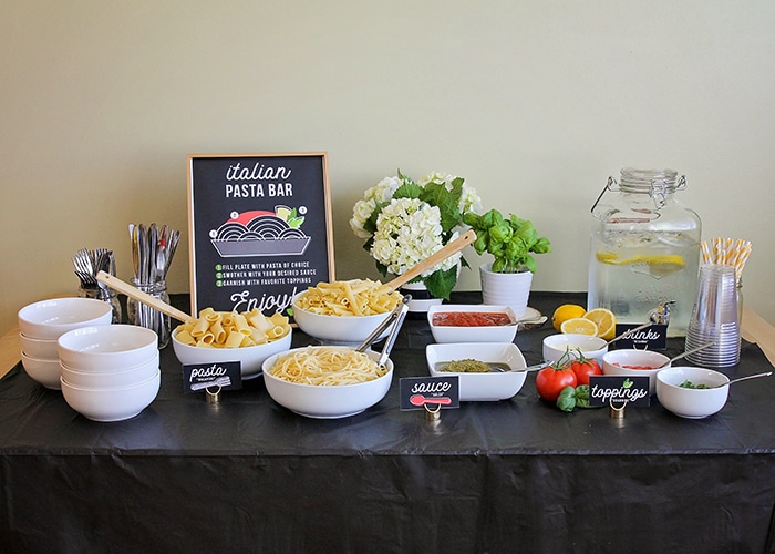 Host a fun and delicious dinner party at home with this easy Italian pasta bar! Mix and match pasta, sauce, and toppings to build the perfect bowl of pasta! 