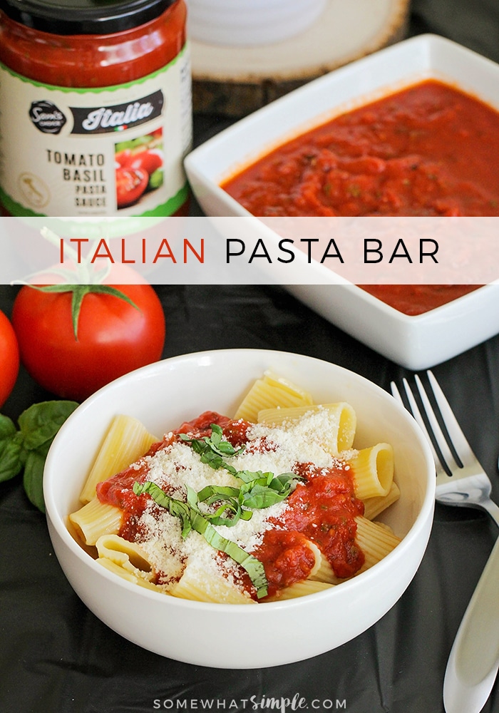 Host a fun and delicious dinner party at home with this easy Italian pasta bar! Mix and match pasta, sauce, and toppings to build the perfect bowl of pasta! 