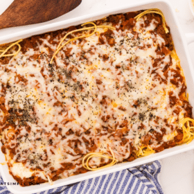 finished Baked Spaghetti recipe in a baking dish