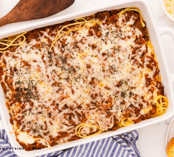 finished Baked Spaghetti recipe in a baking dish