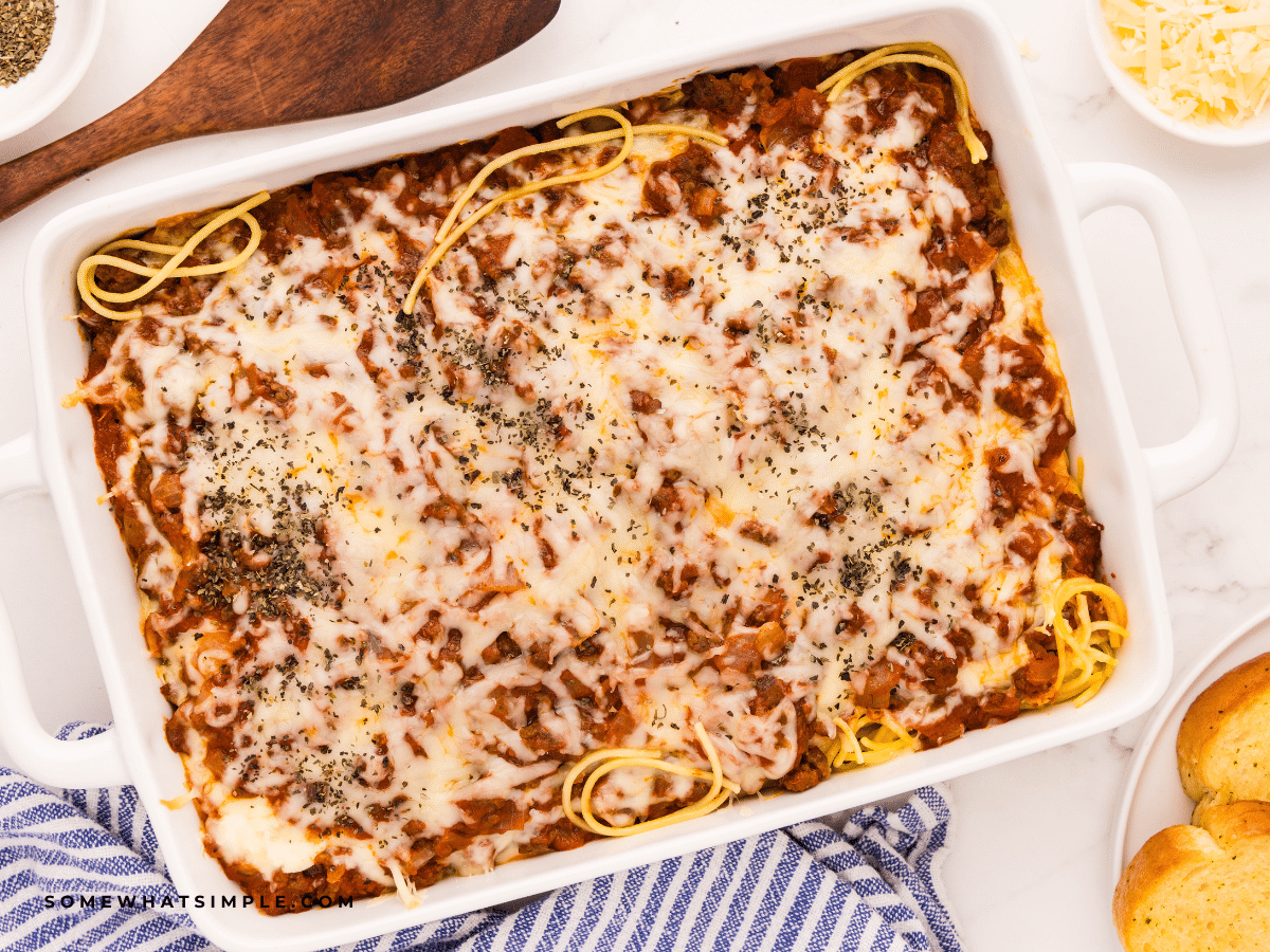 finished Baked Spaghetti recipe in a baking dish