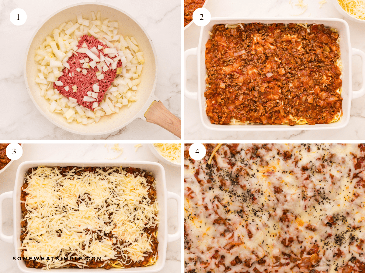 collage of pictures showing how to make Baked Spaghetti