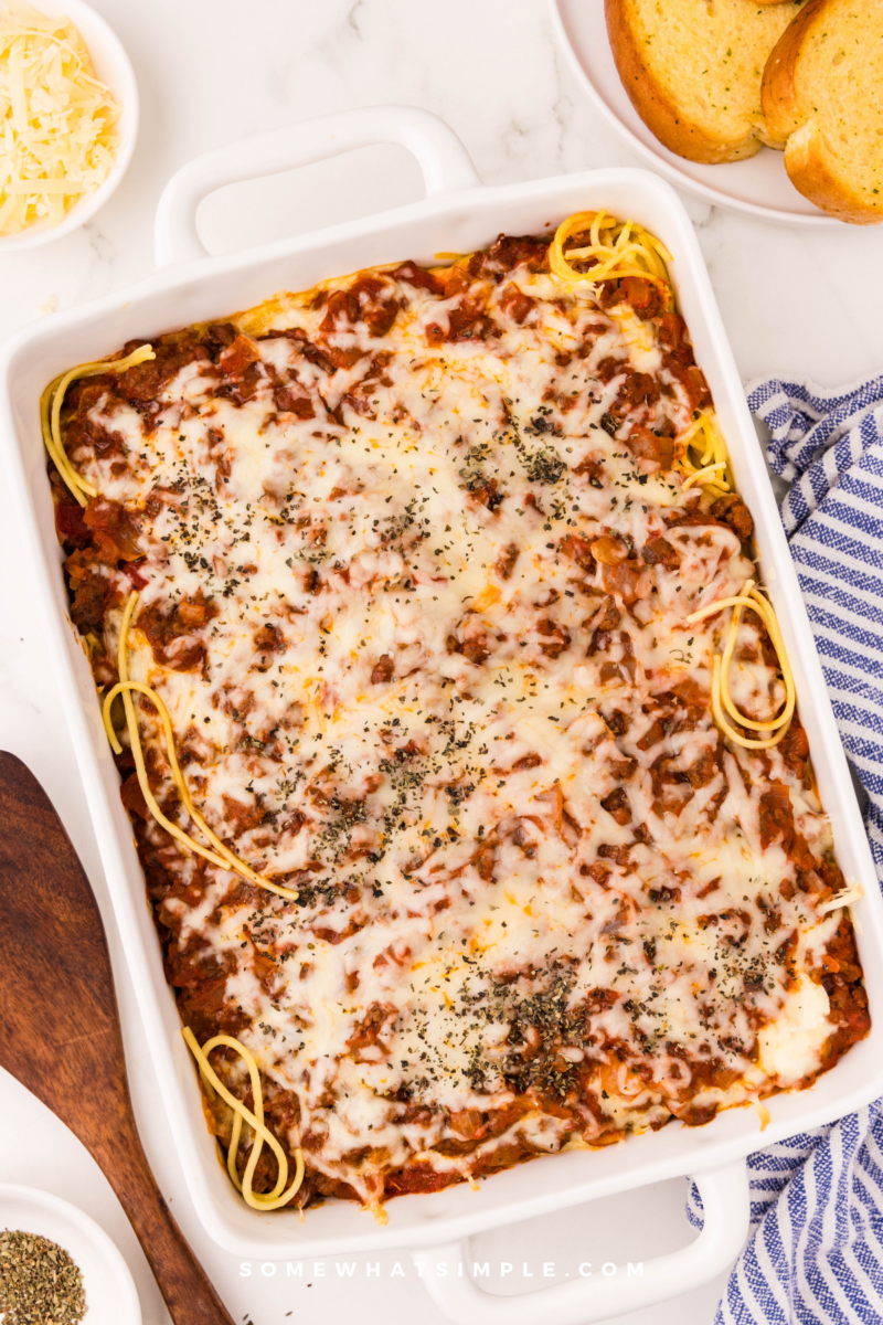 overhead shot of Baked Spaghetti