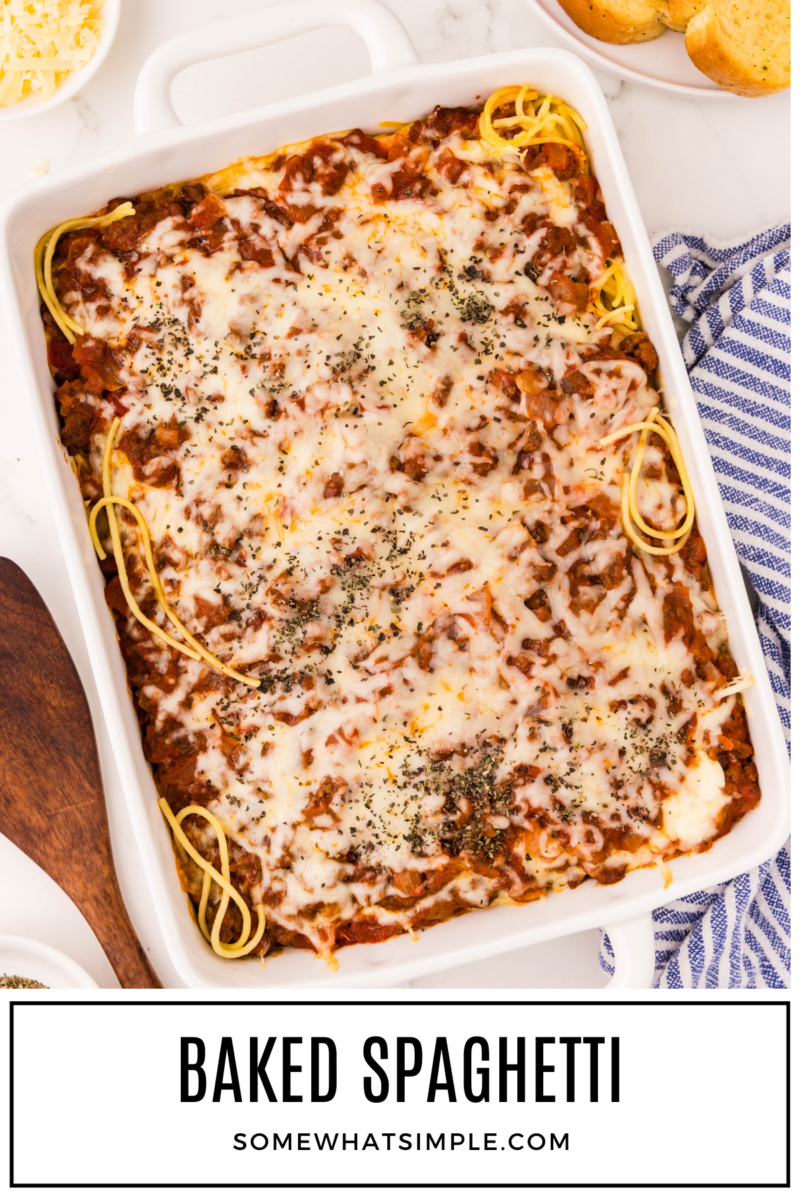 Baked Spaghetti in a casserole pan overhead