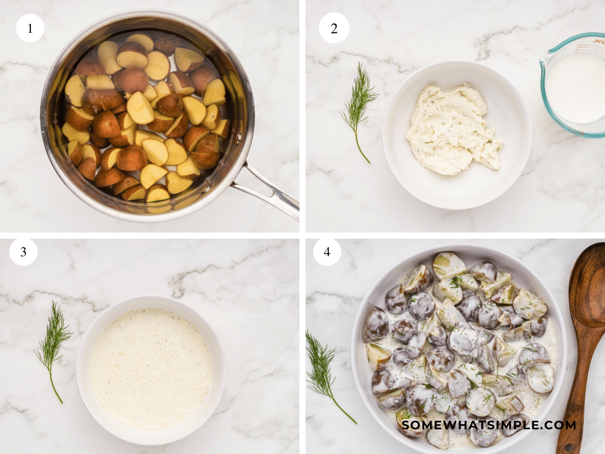 Directions on how to make Creamy Dill Potatoes in a pictured collage