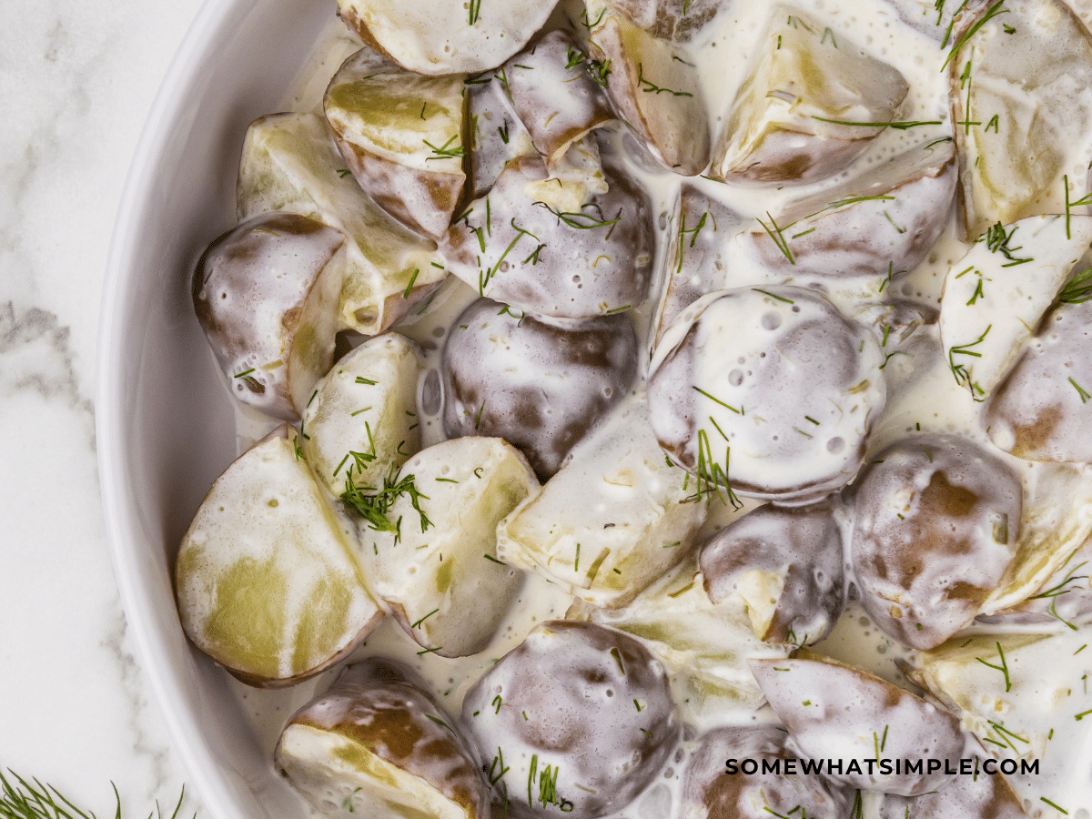 white bowl with Creamy Dill Potatoes
