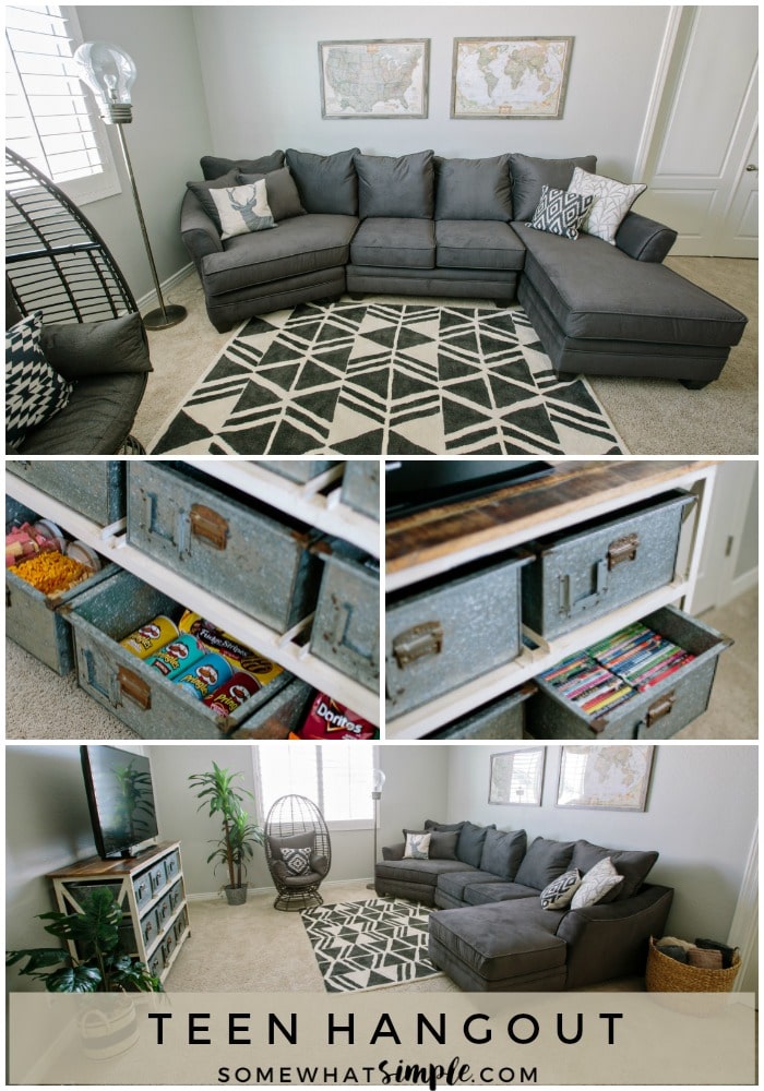 Comfy, durable, and stocked with snacks - here is our home loft, which happens to be the perfect teen hangout!  #teenhangout #loft #teenroom #decor #roomideas #gameroom #teenager via @somewhatsimple