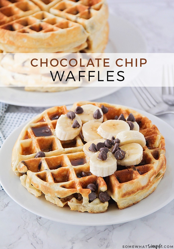 These fluffy and crisp chocolate chip waffles are the perfect sweet treat to make breakfast extra special! Made from scratch, these homemade waffles are simple to make and so delicious! These waffles are perfect for celebrating that special occasion or just making a Sunday breakfast extra sweet! via @somewhatsimple