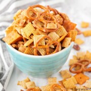 homemade chex mix recipe in a small blue bowl