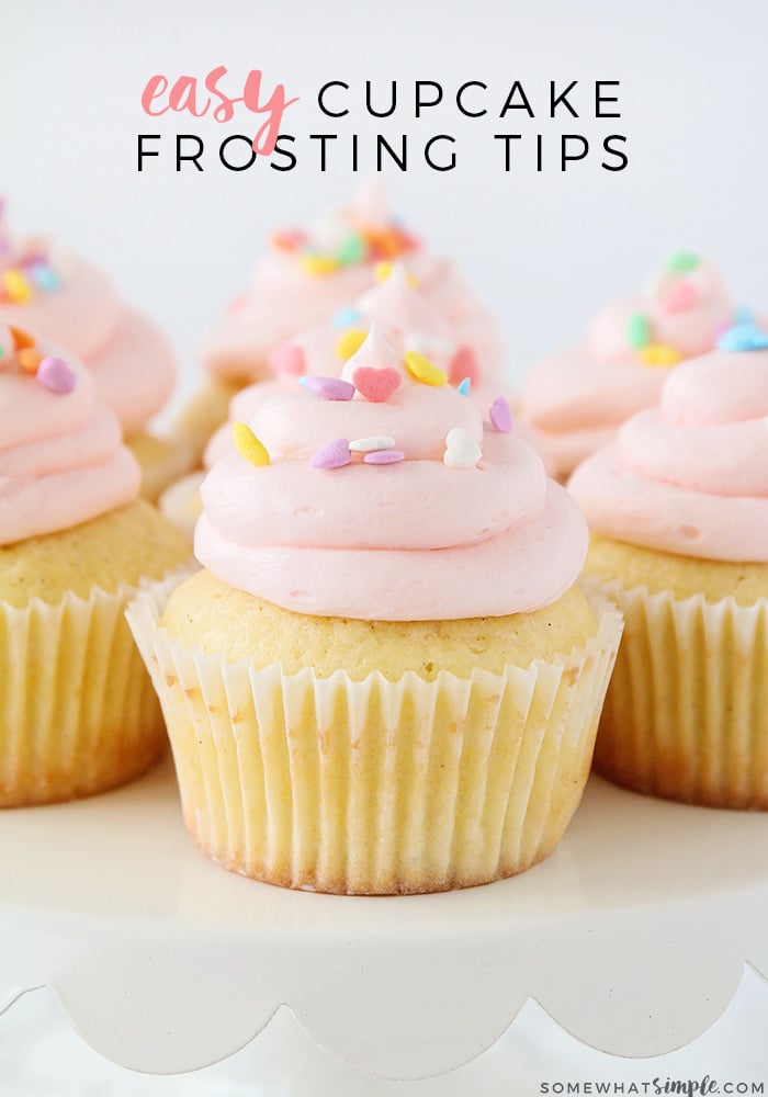 cupcakes topped with piped frosting and sprinkles