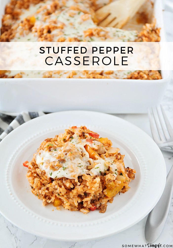 a plate of Stuffed Pepper Casserole made with this simple Recipe using cheese, bell peppers and rice on a white plate and a pan full in the background