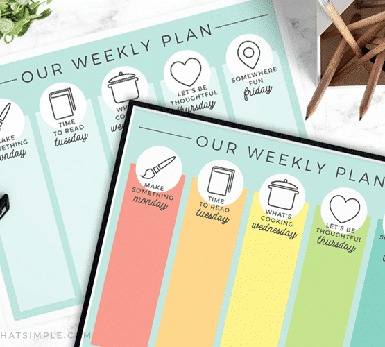 two daily summer schedules for kids that have a different activity to do each day. One has multiple colors and the other only has one.
