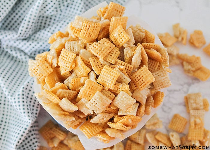 looking down on small bowl full of sweet Chex mix 