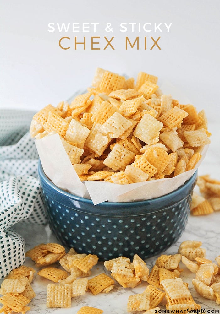 This is hands-down the BEST sweet Chex mix recipe, EVER! This easy recipe has all of the things you love in a Chex mix but covered in a sugary sweet mixture you won't be able to resist.  #chexmix #chexmixrecipe #sweetchexmix #sweetchexmixrecipe via @somewhatsimple