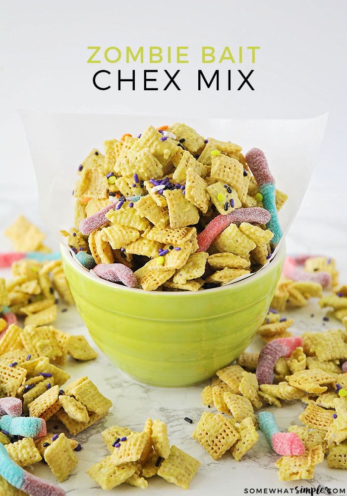 Zombie Bait Chex Mix is a fun Halloween treat that comes together in a snap!  It is SO easy to make and uses only 4 ingredients! #zombiebait #halloweenchexmix #halloweenchexmixrecipe #halloweenchexmixfallsnacks #zombiebaitrecipe via @somewhatsimple
