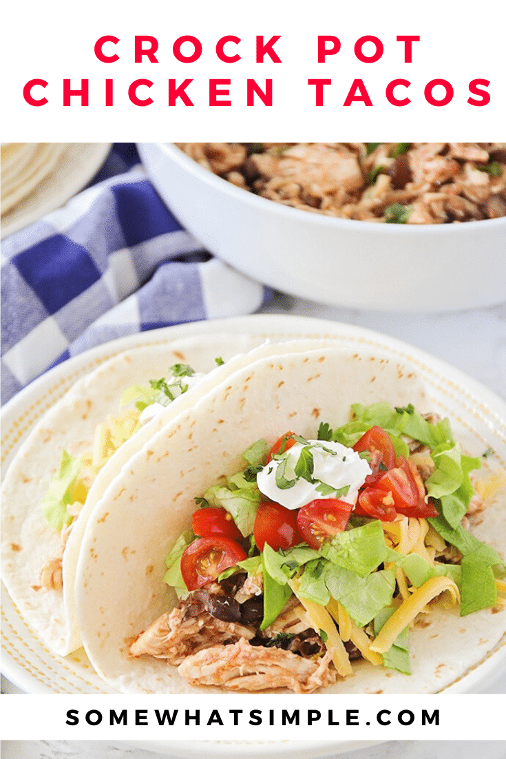 These crockpot chicken tacos are one of our very favorite meals!  With only 3 ingredients, this taco recipe is easy to make and takes no time to prepare.  Simply put the ingredients into your slow cooker, then sit back and relax! #crockpotchickentacos #crockpotchickentacoswithsalsa #3ingredientcrockpotchickentacos #healthychickentacos #crockpotchickentacorecipe via @somewhatsimple