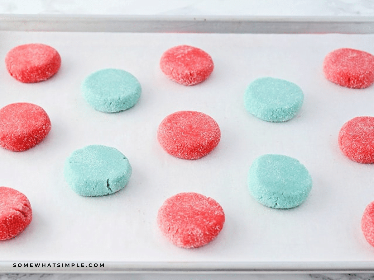Patriotic Jello Cookies on a baking sheet before baking