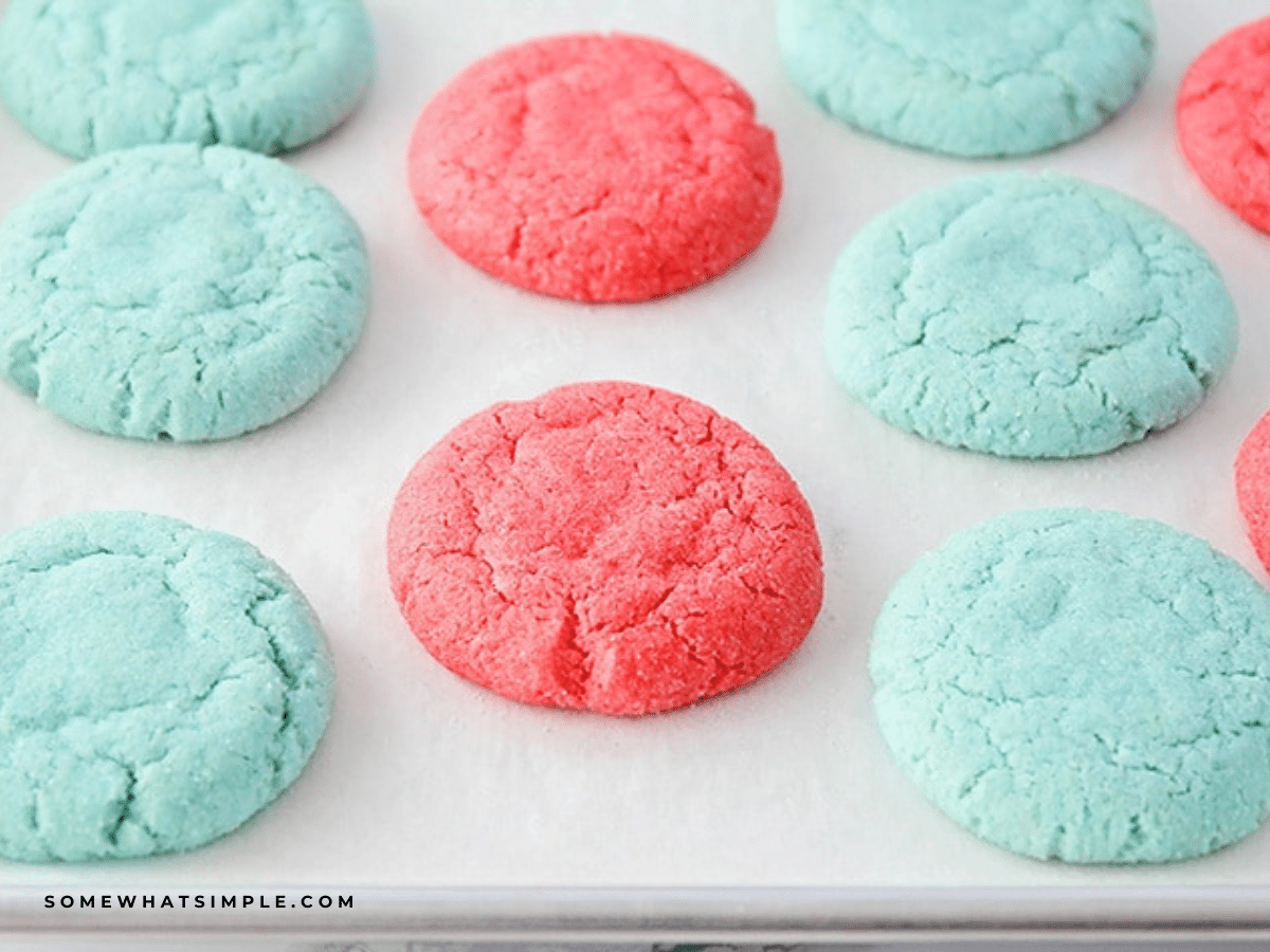 Patriotic Jello Cookies fresh from the oven on a baking sheet