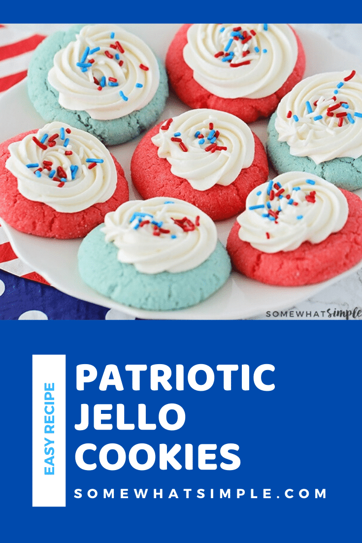 These patriotic jello cookies are the perfect addition to any upcoming Fourth of July or Memorial Day celebrations. Whether you're having a BBQ, picnic, or staying home and watching fireworks from your lawn these delicious cookies are simple to make and taste delicious! #patrioticjellocookies #4thofjulytreats #patrioticcookierecipe #jellocookies #patrioticcookies #memorialdaycookies via @somewhatsimple