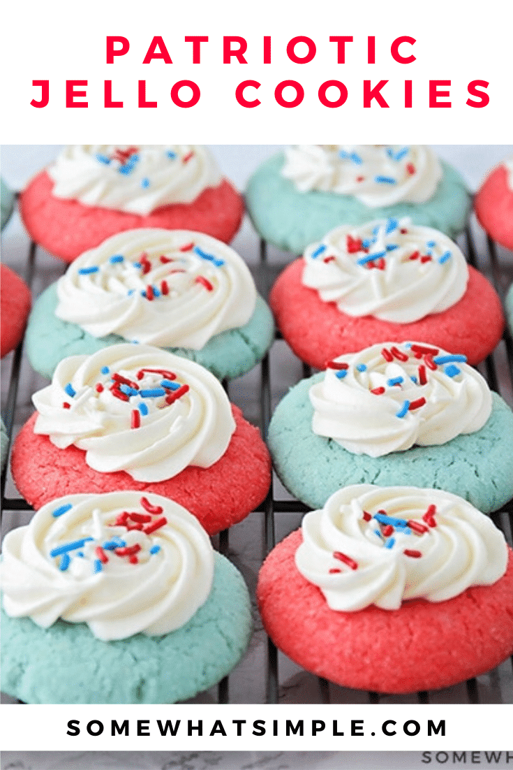 These patriotic jello cookies are the perfect addition to any upcoming Fourth of July or Memorial Day celebrations. Whether you're having a BBQ, picnic, or staying home and watching fireworks from your lawn these delicious cookies are simple to make and taste delicious! #patrioticjellocookies #4thofjulytreats #patrioticcookierecipe #jellocookies #patrioticcookies #memorialdaycookies via @somewhatsimple