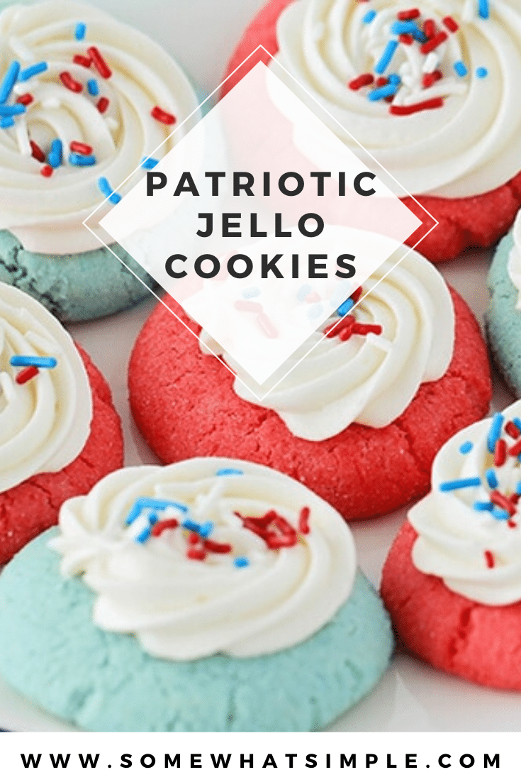 These patriotic jello cookies are the perfect addition to any upcoming Fourth of July or Memorial Day celebrations. Whether you're having a BBQ, picnic, or staying home and watching fireworks from your lawn these delicious cookies are simple to make and taste delicious! #patrioticjellocookies #4thofjulytreats #patrioticcookierecipe #jellocookies #patrioticcookies #memorialdaycookies via @somewhatsimple