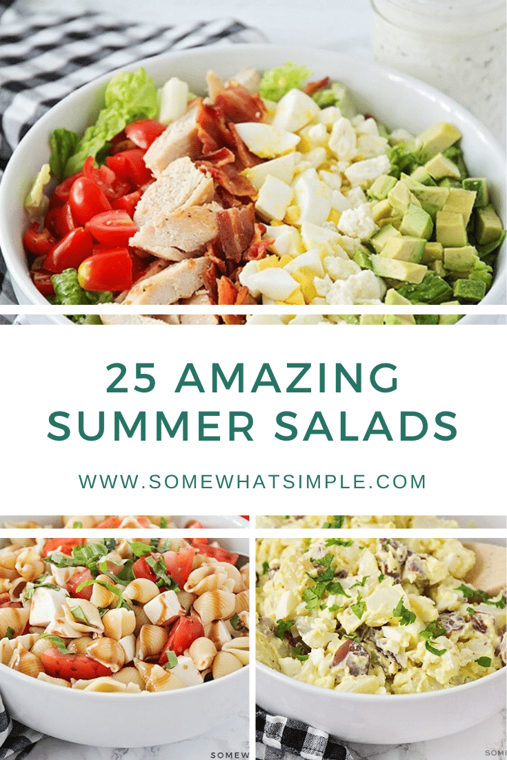 Summertime just got a whole lot fresher! Here are our favorite go-to summer salads recipes that are made with so many healthy ingredients.  With so many delicious options, you won't know where to begin. #summersalads #chickensalads #dinnersalads #sidesalads #pastasalads #fruitsalads via @somewhatsimple