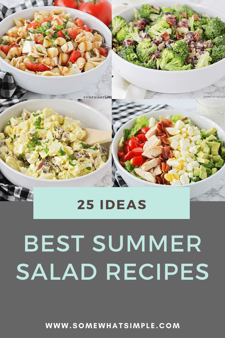 Summertime just got a whole lot fresher! Here are our favorite go-to summer salads recipes that are made with so many healthy ingredients.  With so many delicious options, you won't know where to begin. #summersalads #chickensalads #dinnersalads #sidesalads #pastasalads #fruitsalads via @somewhatsimple