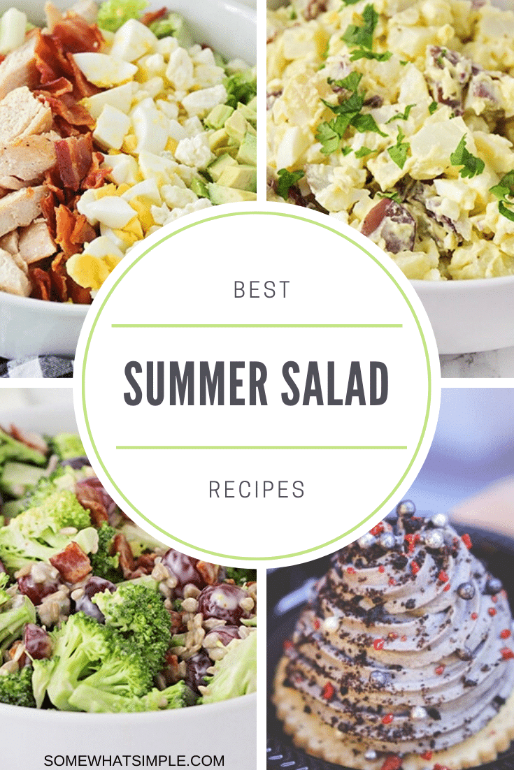 Summertime just got a whole lot fresher! Here are our favorite go-to summer salads recipes that are made with so many healthy ingredients.  With so many delicious options, you won't know where to begin. #summersalads #chickensalads #dinnersalads #sidesalads #pastasalads #fruitsalads via @somewhatsimple