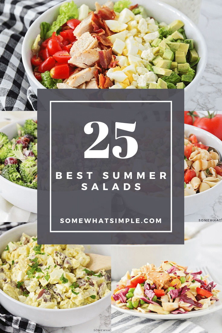 Summertime just got a whole lot fresher! Here are our favorite go-to summer salads recipes that are made with so many healthy ingredients.  With so many delicious options, you won't know where to begin. #summersalads #chickensalads #dinnersalads #sidesalads #pastasalads #fruitsalads via @somewhatsimple