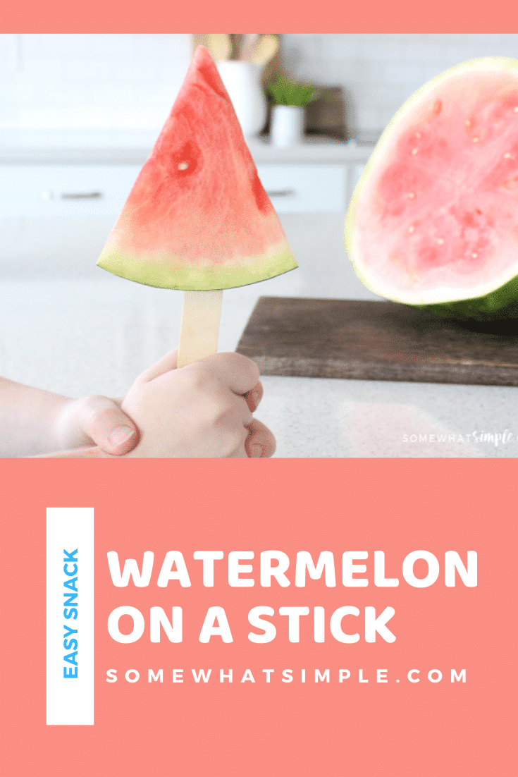 This fun Watermelon on a Stick idea is a great way to enjoy this healthy summer treat! It's perfect to serve at your next bbq or any summer afternoon. #watermelononastick #summersnack #healthysnack #healthyeating #kidsactivities via @somewhatsimple