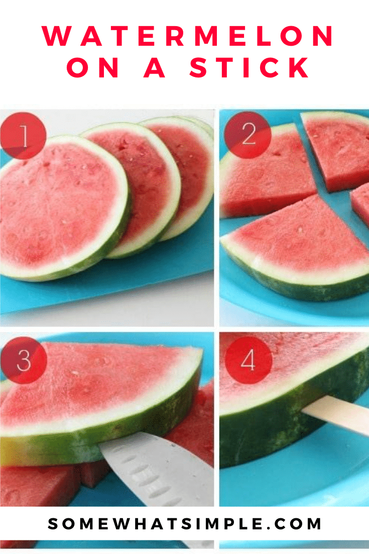 This fun Watermelon on a Stick idea is a great way to enjoy this healthy summer treat! It's perfect to serve at your next bbq or any summer afternoon. #watermelononastick #summersnack #healthysnack #healthyeating #kidsactivities via @somewhatsimple