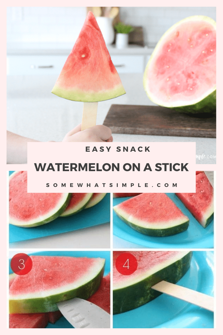 This fun Watermelon on a Stick idea is a great way to enjoy this healthy summer treat! It's perfect to serve at your next bbq or any summer afternoon. #watermelononastick #summersnack #healthysnack #healthyeating #kidsactivities via @somewhatsimple