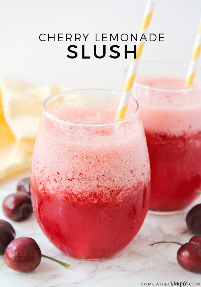 This cherry lemonade slush is the perfect drink for a warm summer day!  Made with fresh cherries and a couple simple ingredients, this slushie is both delicious and refreshing! #cherrylemonade #frozencherrylemonade #cherrylemonaderecipe #cherrylemonadeslushie #howtomakefrozencherrylemonade via @somewhatsimple