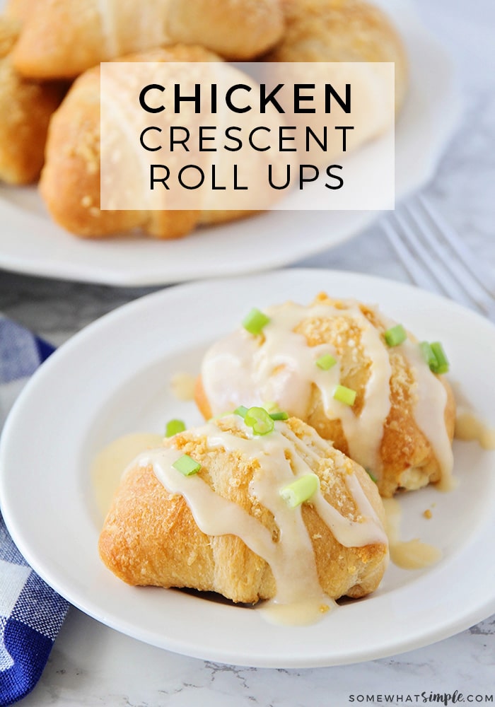 Chicken crescent roll ups are one of my family's very favorite meals! Warm crescent rolls filled with fresh chicken and melted cheese; these roll ups are simple to make and they taste delicious! #chickencrescentrollups #chickencrescentbake #chickenrollups #chickencrescentrollrecipe #chickencrescentrolls via @somewhatsimple