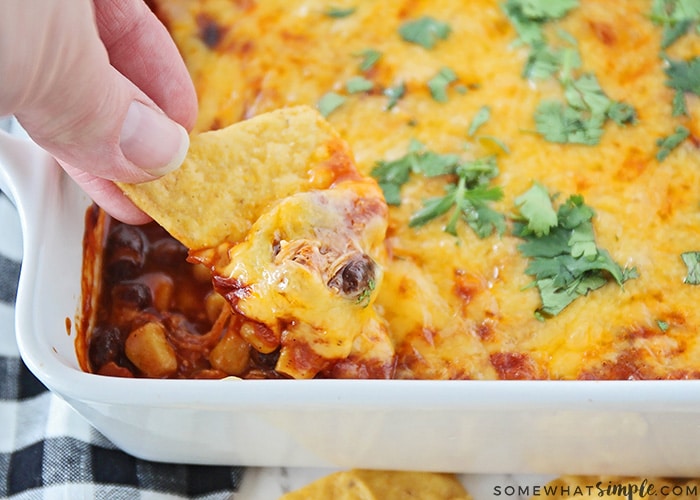 a hand scooping out some chicken enchilada dip from the casserole dish with a tortilla chipe