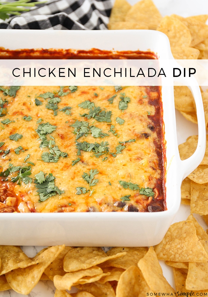 Chicken Enchilada Dip is an easy appetizer and delicious side that can feed and please a crowd! #chickenenchiladadip #enchiladadiprecipe #easyenchiladadip #dip #appetizer via @somewhatsimple