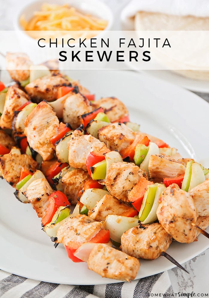 These flavorful grilled chicken fajita skewers are the perfect summer meal! Get all of the flavor of chicken fajitas without heating up the house! These fajita skewers are perfect to enjoy at any summer bbq. #grilledchickenskewer #fajitasskewers #fajitaskewersrecipe #italiandressingchickenkabobs #easybbqrecipe via @somewhatsimple